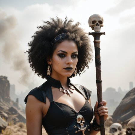 [realistic lighting],[photo],[photorealistic], [score_9, score_8_up, score_7_up, score_6_up, score_5_up, score_4_up], woman, young, 18 yo, black mage, mage staff, skulls, smoke, afro, black, makeup