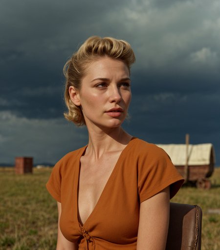 thin woman with small breasts, vivid colors, photograph by Helmut Newton, 1950s Greaser aesthetic, covered wagon, rosy brown, plain dress, movie still, Art Film Genre, moody, eyes open, sitting, side view, sunshine with a thunderstorm on the horizon
