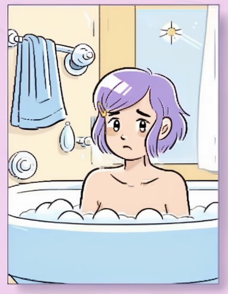 cartoon-style ,in  screen ,The image depicts a character with purple hair  at bathroom,bath towel<lora:tw_hgame:0.8>