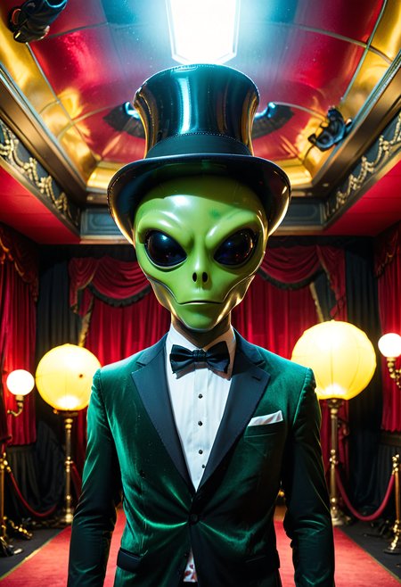 shnywrld, inflatable, scifi, colorful, luminous, a green shnywrld alien, yellow spots, wide black eyes, almond shaped, wearing a top hat and tuxedo, rose in its mouth, on stage, directional lighting, red theater curtain background, masterpiece, amazing quality, best quality, very aesthetic, absurdres, detailed background, low angle.  <lora:shinyworld:.8>  <lora:zavy-cntrst-sdxl:.8> dark, chiaroscuro, low-key <lora:xl_more_art-full_v1:.8>