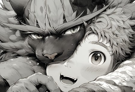 score_9, score_8_up, score_7_up, animalclose-up, gh1bl1, cute, dreamy, fantasy, (1boy and incineroar), happy, the boy with starry eye