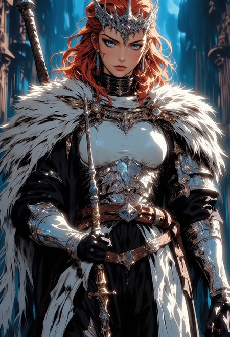 An elegant, red-haired female warrior with knee-length wavy hair and glowing clear green eyes. She wears a white medieval combat suit with black pants, paired with a black adventurer’s leather ensemble and shoulder armor. Her figure is athletic and toned, showcasing strong leg and arm muscles. She stands confidently, holding a fantasy melee weapon. Her detailed armor combines metal and fur, exuding nobility and strength, with intricate ornaments and a shoulder cape. The scene features cinematic lighting, with ultra-detailed skin and eyes that reflect both beauty and power.