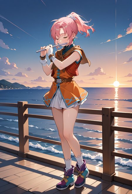 masterpiece, best quality, very aesthetic, absurdres, 1girl, solo,
<lora:loh5_una_v01:0.9>, loh5_una, pink hair, short hair, ponytail, green eyes,
hair ornament, earrings, brown neckerchief, red vest, blue shirt, orange short dress, bridal gauntlets, belt, white miniskirt, white socks, multicolored footwear, blue footwear, (purple footwear:0.9), holding flute, arms up, playing flute, closed eyes, sunset, sea, wide shot,