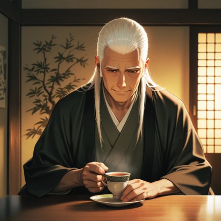 masterpiece, best quality, amazing quality, absurdres, newest, detailed background, definition so sharp, Ultra-HD, 8K cinematic, very awa, impressionate, amazing quality, highres, 
solo, male focus, manly, 
daikakukokujouji, lieutenant_white hair, lieutenant_brown eyes, 1boy, solo, old man, seated, gentle smile, long hair, traditional Japanese attire, kimono, tea cup, warm lighting, shoji screen, cozy atmosphere, storytelling, relaxed, wise, serene, contented, elegant