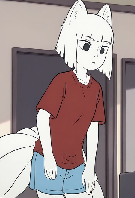 <lora:jiuyue:1>,jiuyue,1girl,solo,fox girl,animal ear fluff,black eyes,white hair,white skin,short hair,blunt bangs,fox tail,
shirt,red shirt,short sleeves,shorts,blue shorts,, masterpiece,best quality,amazing quality,absurdres, anime screenshot,