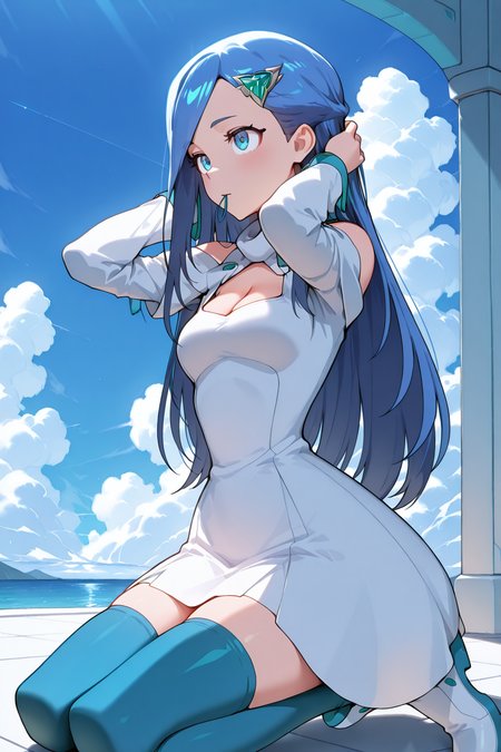 Diya001,1girl,solo,blue eyes,blue hair,long hair,straight hair,smooth_hair,hair ornament,breasts,medium breasts,cleavage,cleavage cutout,dress,white dress,clothing cutout,detached sleeves,blue_thighhighs,white_shoes,shoes,
<lora:myself\ill\Diya001.safetensors:1:1>,masterpiece,best quality,amazing quality,
from_side,outdoors,arms behind head,adjusting hair,cloud,volumetric lighting,hair_tie_in_mouth,
kneeling,sitting,