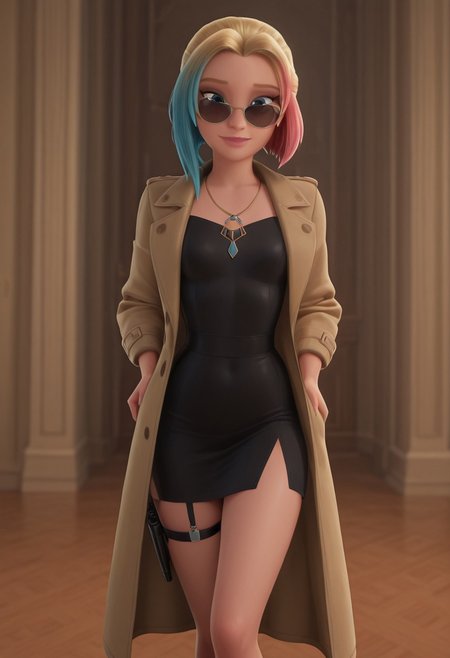disney animation,
Blue curl 
masterpiece, best quality, hyper-realistic, ultra-HD, luminous lighting, cinematic ambiance, shimmering gradients, ethereal glow, deep contrast, rich color tones, seductive atmosphere, captivating sensuality, Cinematic Lighting,
 Zoe, blue curl, blue eyes, light blonde hair, multicolored hair, red curl, blue curl, cute,
<lora:Disney_Animation_v5-V7:1>
1960s spy outfit, sleek black dress, trench coat, small pistol in garter, vintage sunglasses, secret agent stance, high-class cocktail party background, mysterious expression, nsfw