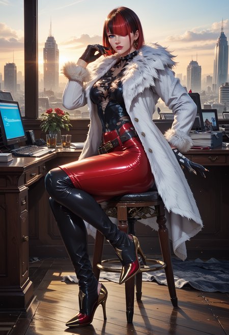 (score_9, score_8_up), score_7_up,  <lora:PonyAnn4W:1> Ann4W, 1girl, fur coat, pants, belt, gloves, sitting on a chair in the office, full body, legs crossed, high heels, looking at viewer, side view, curvy, white dove on the table, perfect curves, round butt, (gorgeous woman, intense, wide hips, skyscraper skyline outside the window, shiny skin, pose, modern,