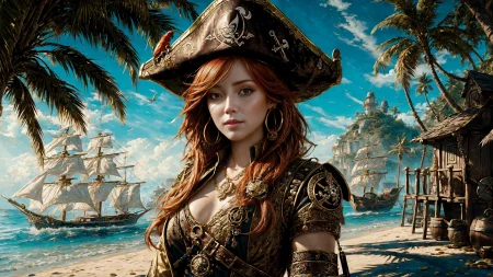 (young redhead pirate woman), ((oil paint) portrait), (parrot:1.2), sharp focus, (ultradetailed), (standing), (happy) smile, pirate (ship galleon:1.2,  hoop earrings, gold medallion, Sandstone pirate clothes, pirate hat, hips,  pirate (village), leafy beach coast, (treasure chest with coins, gems and jewels:1.2), (rum barrel), best quality masterpiece,  bright sunny sky, backlight, natural lights, high contrast, hdr, shadows, pretty, beautiful, feminine, sexy, adorable, lovely, in love, (PirateDiffusionprt:0.5),  <lora:Pirate:0.3>  PrateT  <lora:PirateRealms:0.3> <lora:Detail Tweaker LoRA add_detail:0.8> <lora:depth_of_field_slider_v1:5> <lora:SDXLrender_v2.0:0.9>