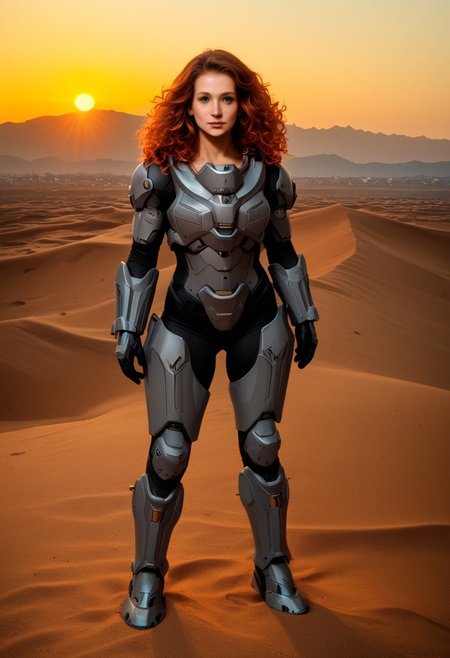 1girl, female, beautiful, natural, perfect, in her 20s, (((power armor))), MJOLNIR armor, (((Linda-058))), Halo Spartan, fragile face, ginger hair, curly hair, loose hair, green eyes, freckles, feminine, fit, big chest, BREAK telephoto, full body, standing gracefully, looking at viewer, sunset, big sun, warm light, contour light, (sand dunes), mountains on the horizon, clear sky, realistic, photorealistic, detailed, score_9, score_8_up, score_7_up