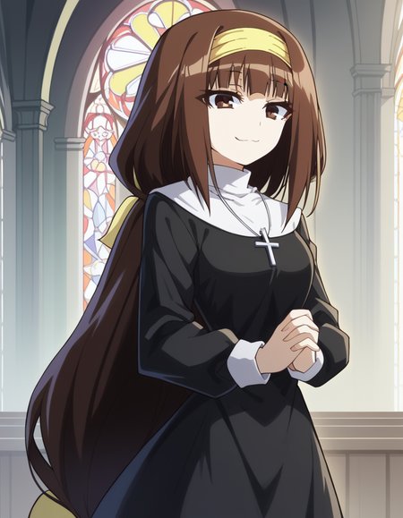 score_9, score_8_up, score_7_up, source_anime, <lora:najimi-ajimu-s2-ponyxl-lora-nochekaiser:1>, najimi ajimu, long hair, brown hair, bow, ribbon, brown eyes, very long hair, low-tied long hair, hair band, hair bow, yellow hairband, medium breasts,, <lora:traditional-nun-ponyxl-lora-nochekaiser:1>, traditional nun, nun, habit, long sleeves, dress, black dress, jewelry, black veil, cross, cross necklace,, church, smug, praying,, , dutch angle, cowboy shot