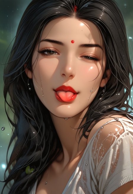 (score_9, score_8_up, score_7_up), 1 girl, portrait, savita bhabhi, black hair, face, obscured, water droplets, mist, black lips, muted tones, gaze, upwards,  winking, tongue out