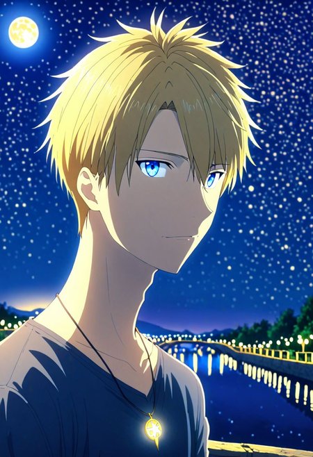 high resolution, solo, best quality, 1Boy, Yamato Ishida, Blond Hair, Blue Eyes, Necklace, depth of field, moon, fantastic night, stary sky, dreamlike, midle of bridge, OverallDetail