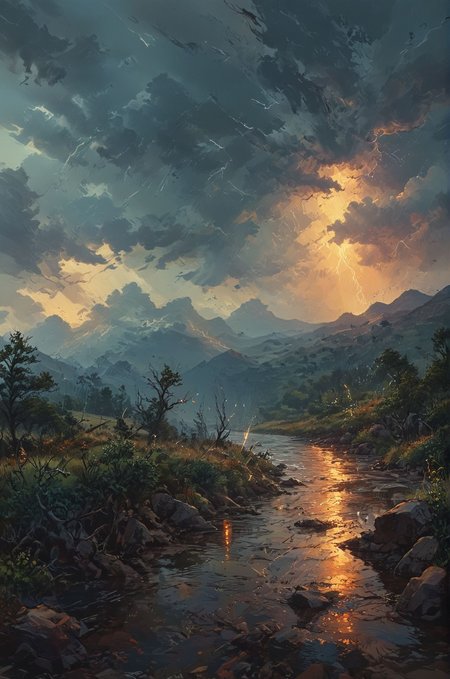 An abstract interpretation of a thunderstorm, with jagged bolts of lightning streaking across a tumultuous sky and torrents of rain lashing down upon a windswept landscape. The scene is charged with tension and energy, capturing the raw power of nature in motion. (masterpiece, award winning artwork)
many details, extreme detailed, full of details,
Wide range of colors, high Dynamic
<lora:EldritchMixIllustration_1.0:1.0>
<lora:add-detail-xl:0.89>
 <lora:xl_more_art-full_v1:0.4> 
 <lora:MJ52:0.4>