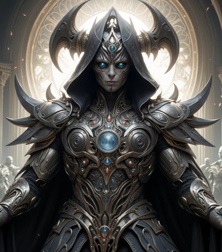 The Vadrigar, hyperdimensional creature with complex, shiny armor with intricate patterns and encrusted jewels
