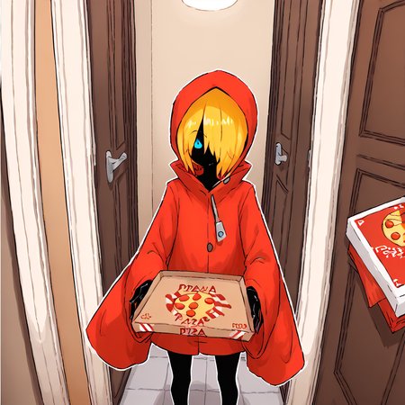 <lora:Bone_Maiden:1> bonemaiden, blonde hair, blue eyes, black skin, colored skin, hood, cloak, short hair, no mouth, hair over one eye
 <lora:GettingPizzaDeliveredPOV_pdxl_Incrs_v1:0.8> pizza box, employee uniform, pov, pizza delivery
