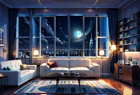 ((front view)), Shallow scene, ((animation style)), modern-style interior, with white walls, (large windows), a  study, Sofa, coffee table, bookcase, single wall, (gloomy room), Turn off ceiling lighting, Turn off the indoor lights , quiet and mysterious night sky, starry sky, moonlight, city night view, (City high-rise building scenery), (City scenery outside the window)