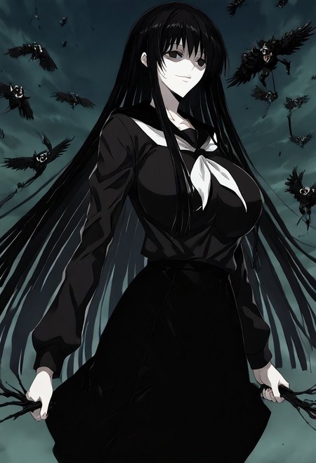 score_9, score_8_up, score_7_up, score_6_up, score_5_up, score_4_up, source_anime, 1girl, 1others, solo, 
hagoromogitsune, smile, empty eyes, black hair, huge breasts, very long hair,
school uniform,black serafuku,serafuku,black shirt,black skirt, 
masterpiece, best quality, very aesthetic, absurdres,