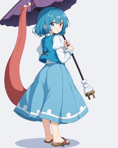 tatara kogasa,1girl, heterochromia, solo, karakasa_obake, geta, skirt, juliet_sleeves, full_body, white_background, looking_back, simple_background, blue_vest, looking_at_viewer, holding_umbrella, tongue, white_shirt, purple_umbrella, from_behind
<lora:tatara_kogasa_image6022_2023-12-20-000007:1>,star-shaped_pupils,symbol-shaped_pupils,. gorgeous,key visual, vibrant, studio anime,award-winning, professional, highly detailed,high budget, cinemascope