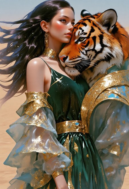 A hyper-realistic close-up portrait of a woman seamlessly blended with her legendary, ancient Bengal tiger, exuding elegance and mystique. The woman’s avant-garde medieval Persian gown, made of layered translucent fabrics in rich emerald green and deep gold, drapes with asymmetrical cuts and oversized sleeves flowing like waterfalls. Delicate hand-embroidered celestial patterns adorn the gown. Her dark, cascading hair, interwoven with luminous threads, merges with the tiger’s thick mane shimmering in amber and cream. The tiger’s intense amber eye occupies part of the frame, conveying ancient wisdom. The woman’s sharp gaze mirrors the tiger’s, creating powerful duality. The background shifts from warm golden sands to cool shadows, emphasizing surreal blending of human and beast. The style is hyper-realistic with photographic clarity and texture detail. Composition centers on merged faces to highlight connection. Lighting is soft, diffused natural light with subtle highlights. Color palette includes emerald green, gold, amber, cream, and earth tones. Mood is mystical and elegant, evoking ancient bond. Shot with 85mm lens at f2.0, shallow depth of field, high resolution. Additional elements: cinematic, breathtaking, ethereal.