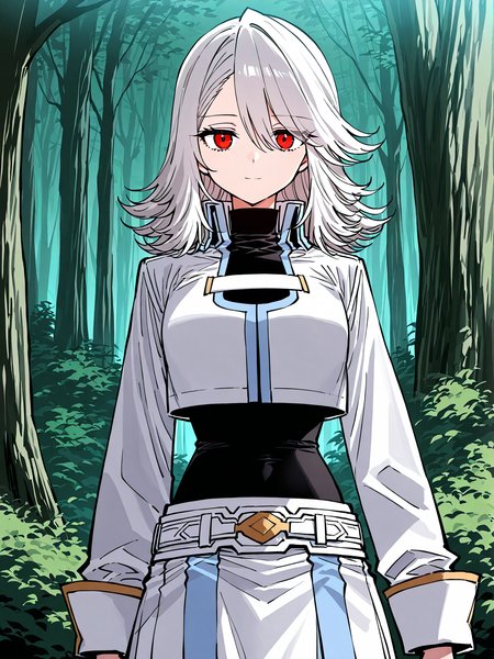 <lora:Player__Manhwa__Nagi:1>
1girl, solo, white hair, medium hair, layered hair, wavy hair, swept bangs, red eyes, expressionless, neutral face, long sleeves, high collar
white cropped jacket, short jacket, open chest design, decorative chest strap, white chest band, high collar, long sleeves, gold accents, layered clothing, black thighhighs, black tight top, black bodysuit, high collar, split skirt overlay, skin-tight underlayer garter belt, thigh strap, black boots, decorative belt, gold buckle,
score_9, score_8_up, score_7_up, very aesthetic, source_anime, detailed, high quality, beautiful, masterpiece, detailed eyes, forest, tree, ruins, cowboy shot, dynamic angle, upper body, light smile, dynamic pose