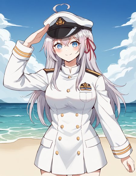 score_9, score_8_up, score_7_up, source_anime, alisamikhailovnakujou, <lora:alisa-mikhailovna-kujou-s1-ponyxl-lora-nochekaiser:1>, alisa mikhailovna kujou, long hair, bangs, blue eyes, hair ribbon, ahoge, grey hair, red ribbon, large breasts,, <lora:kancolle-admiral-cosplay-ponyxl-lora-nochekaiser:1>, kancolle admiral cosplay, admiral (kancolle) (cosplay), naval uniform, cosplay, military uniform, military, peaked cap,, beach, salute, blush, smile, cowboy shot, looking at viewer,