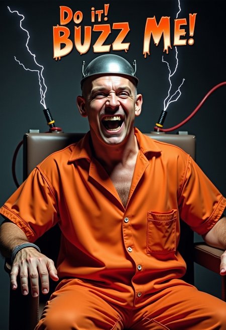 [(extremely Highly Detailed photographic), (Wes Craven's Shocker horror film poster), (psychologically unsetlling), ((Bald, cleanshaven man , with an intense, excited expression, baring his teeth), (looking directly at the viewer), (he is wearing an orange prison jumpsuit), (a metal bowl is strapped to the top of his head), (wires and a cable run vertically from the ceiling into the metal bowl strapped to the man's head), (he is sitting in an (electric chair) with his wrists strapped to the arms of the (electric chair),  (( arcs of electricity and sparks are seen surrounding the man , including his head, electrical plasma arcs emmit outwards)) ,
((above him, the text "Do it! Buzz Me!" is seen in large legible metalic font) (the word "Do" and the word "it!" are seen printed on the top) (the word "Buzz" and the word "Me!" are seen printed on the bottom))