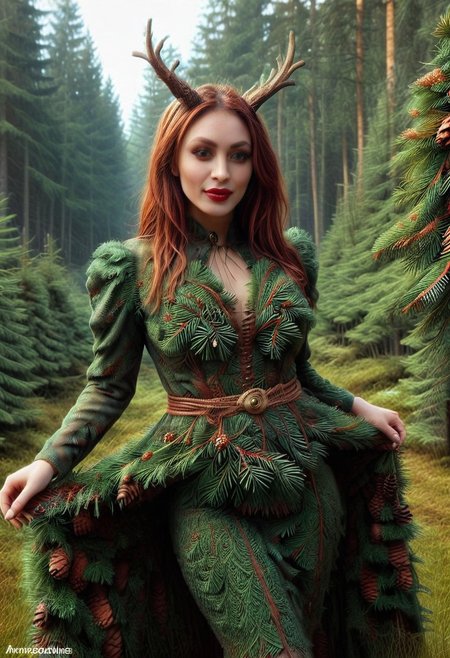 dawn, dark pine forest, colorful dress, perfect picture, (anatomically correct:1.7), score_9, score_8_up, score_7_up, score_6_up, score_5_up, score_4_up, UHD, 8K, masterpiece, detailed, ultra_high_resolution, lots of detail, OverallDetailXL, detailxl, Sci-fi Environments, epiCPhotoGasm-colorfulPhoto. style-empire, colorful style, 1woman, curvy, narrow waist, full lips, (red lips), flowing hair, (natural  eyes:1.3), full smile, mature female, milf, motherly. 32 years old, fir needles, fir needle style, fir needle, (long skirt made out of fir needles and pine cones:2), (long skirt:2.2), (fully dressed:2), (covered body:1.8), (fully covered breasts:1.5), high neck closure, add-detail-xl, short puffy sleeves, Cambodian woman, long hair, light brown hair, small waist, wide hips, high cheekbones, golden glow, (blouse made out of  fir needles:2), demon woman, horns, dramatic.