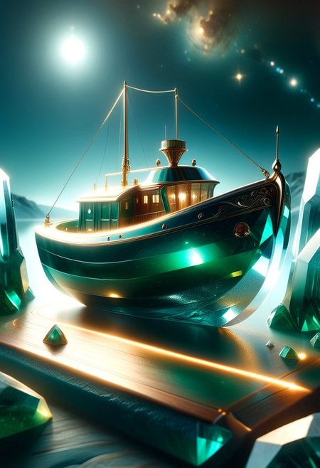 An ice boat made entirely of transparent crystal sailing on a frozen lake. It is  entirely made out of transparent glass crystal with a depth that reflects what looks like the universe of galaxies and stars, ultra detailed, enhanced, prismatic colors, render, CRU, sharp, 8k, octane render, cinema 4d, blender, dark, atmospheric 4k ultra detailed, cinematic, Sharp focus, big depth of field, Masterpiece, colors, 3d octane render, 4k, concept art, hyperrealistic, Vivid colors, extremely detailed 8k wallpaper, Intricate, High Detail. Moonlit night scene with the boat focused in the light of several high intensity spotlights. Camera is looking down and sideways as the car. emeraldmorph