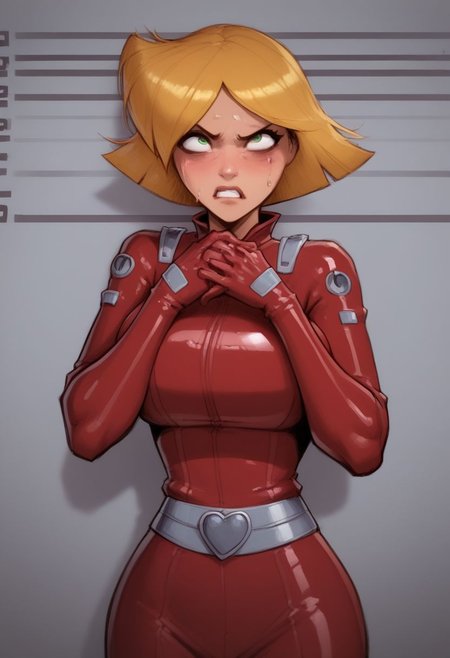 Style,,
(score_9, score_8_up, score_7_up, score_6_up:1.5), (source_cartoon),
Head:
Clover totally spies, (blue eyes, blond hair), (short hair) (gold hoop earings), (mascara), (slutty face), (perfect iris details:1.4), (detailed face) (expressiveh), (High detailed eyes iris:1.2), 8k, (perfect details:1.4), haughty, angry. 
Body,,
(Clover, female:1.2), (very dark ref yellow green body skin:1.2), (sweaty skin), (bimbo), (bimbo tanned), (red totally spies suit), (fake big breasts, round chest), (athletic body),  (shiny skin), (sweaty body skin:1.4), steamy air, Slutty clover,
Action,,
(Mugshot), (slaped), (slapping face).