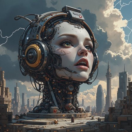 In a world where technology and humanity coexist in a delicate balance, a being of both flesh and steel stands at the threshold of evolution. The half-machine, half-human creature's face splits down the center, revealing the gears and wires beneath its skin. Its eyes blaze with an inner fury as it gazes out into the distance, its gaze drawn to some unseen horror lurking beyond the veil of reality.  Before it stands an ancient altar, adorned with symbols of forgotten knowledge and forbidden power. The air is heavy with the promise of impending doom, the sky crackling with electricity as a bolt of lightning, <lora:Flux_Turbo_Alpha.safetensors:1.0> <lora:ck-nc-cyberpunk-V2-000013.safetensors:0.7> A digital artwork in the style of cknc <lora:aidmaMJ6.1-FLUX-v0.4.safetensors:0.6> aidmaMJ6.1