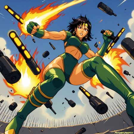 score_9,score_8_up,score_7_up,score_6_up,score_5_up,score_4_up BREAK <lora:black_orchid-v0_pdxl:0.8>,black orchid,1girl,short hair,black hair,green nails,thighhighs,gloves,high heels,thigh boots,green footwear,fingerless gloves,crop top,headband,green leotard,earrings,jewlery,1990s (style),Asian,tonfa,weapon,cover page,action pose,fire,explosions,from below,