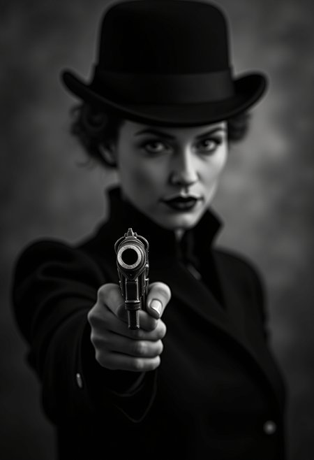 black and white, 1930s movie style, Very close up view, 3D image, a pretty woman wearing Victorian era outfit, holding a revolver, the *** is pointing up and she is preparing for danger that is coming, high colar coat, sherlock holme's hat, dark background, hazy atmosphere, bokeh, artistic