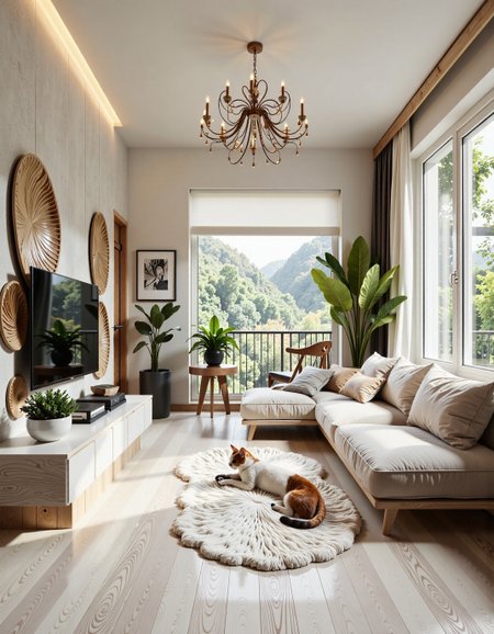 A photo of a cozy and stylish living room in a 30 sq.m studio apartment, designed in modern minimalism with personality and warmth. Light grey porcelain tile flooring with white wood texture, white soft rug in the center. A comfortable light-grey sofa against the far wall (opposite the window), floating TV console on the left wall under a flat-screen TV. the wall behind the TV has a stylish design solution with decorative inserts  imitation of natural stone, highlighting the TV area in a special way. beautiful lighting and chandelier.
One large window on the right side lets in natural soft daylight. The walls are painted light beige with a textured plaster finish. Add warm indirect lighting, a few green indoor plants, and artistic decor with soul — like handmade art or a personal photo. No yellow tint, keep colors neutral and soft. Include a real-looking playful cat on the rug or sofa, not stylized. The space should feel peaceful, lived-in, and personal — not like a showroom.warm and dreamy space. The overall decor combines modern and classic elements, creating a serene atmosphere.    <lora:CTAI-house in the rock:1> CTAI-house in the rock interior <lora:fluxenhancer:0.9>