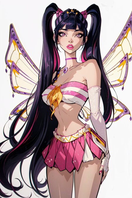 (Musa:1.5), (large fairy wings), purple hair, twintails, (pink and yellow two piece outfit), purple eyes, bangs, (solid white background, white background:1.5), (realistic:1.2), (masterpiece:1.2), (full-body-shot:1),(Cowboy-shot:1.2), neon lighting, dark romantic lighting, (highly detailed:1.2),(detailed face:1.2), (gradients), colorful, detailed eyes, (natural lighting:1.2), solo  <lora:WinxClubEnchantixMusa-10:0.9> <lora:add_detail:0.3> <lora:BeautifulEyes:0.6>