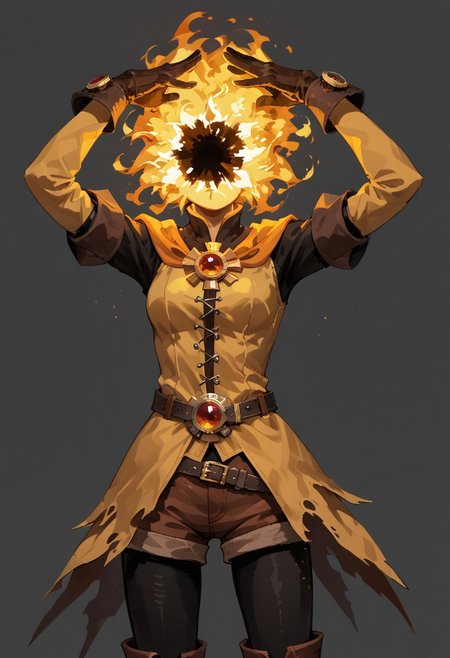 score_9, score_8_up, score_7_up, solo,
lord_of_frenzy, fire head,
headache,
novakin, faceless, no eyes, no mouth, no nose, no facial features, short fiery yellow orange hair, body made of black plasma,
open hands, hands on face front,
hands on own head, 
upside-down, backflip,
magical girl outfit, (steampunk dress:1.1), boots, (brown shorts:1.1), black tights, medium breasts, belt, gloves, 
simple background, grey background,