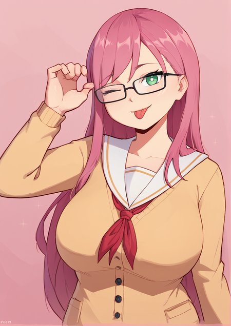 1girl, huge breast, adjusting eyewear, cardigan, glasses, green eyes, hand on eyewear, long hair, long sleeves, looking at viewer, neckerchief, one eye closed, pink hair, school uniform, serafuku, smile, solo, tongue, tongue out, upper body, <lora:Satelyte:1>