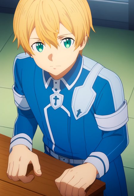 score_9,  <lora:eugeo:1> eugeo, 1boy, bangs, blue shirt, blue uniform, blonde hair, blue eyes, closed mouth, eugeo, green eyes, long sleeves, looking at viewer, male focus, blue pants, solo