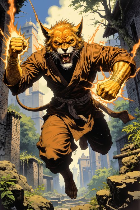 A fierce lion-like tabaxi monk, his golden fur rippling with power, leaps through the air, fists glowing with radiant energy. His sharp, feline eyesâburning with a deep orange fireâare locked onto his target as his muscular form twists gracefully mid-flight. His simple, brown robes whip around his lean body, frayed at the edges but perfectly fitted for battle. The golden bracelets wrapped around his forearms shine with arcane light, crackling with the energy of his monastic discipline, while his sharp claws extend slightly from his fists. His long, tufted tail lashes behind him, adding balance to his impossibly fluid movements. Behind him, the crumbling remains of an ancient monastery, overgrown with vines and moss, sit under the dappled light of the jungle canopy. The air hums with the power of his discipline, his every movement a blend of grace and devastating force. The soft, distant sounds of nature seem muted in the presence of his radiant energy. His expression is one of fierce determination, eyes narrowed, every fiber of his being focused on the impending strike. <lora:Vintage comic book:1.5>