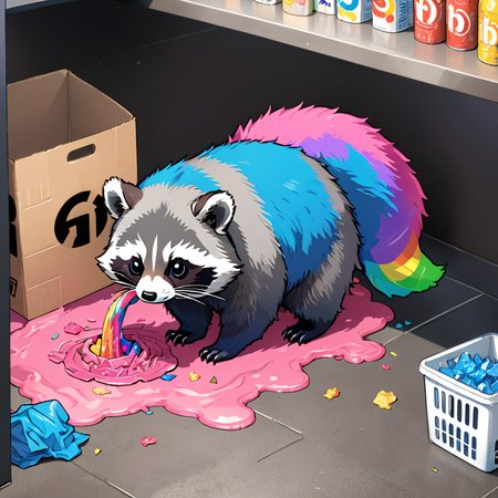 a fluffy blue and pink raccoon with (rainbow-colored tail:1.4) digging through the trash at a 7-11 convenience mart  <lora:BreathingFirePony-000007:1>