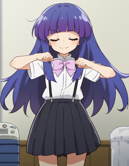 score_9, score_8_up, score_7_up, source_anime, <lora:rika-furude-s4-ponyxl-lora-nochekaiser:1>, rika furude, long hair, bangs, blue hair, purple eyes, blunt bangs, purple hair,, skirt, shirt, bow, school uniform, white shirt, short sleeves, pleated skirt, bowtie, black skirt, suspenders, pink bow, suspender skirt,, gym storeroom, equipment, supplies, cleaning, storage, smile, <lora:shikairo-days-dance-ponyxl-lora-nochekaiser:1>, shikairo days dance, shikairo days dance (meme), dancing, meme, closed eyes, clenched hands, glowsticks, blush, smile,, looking at viewer, solo,, dutch angle, cowboy shot