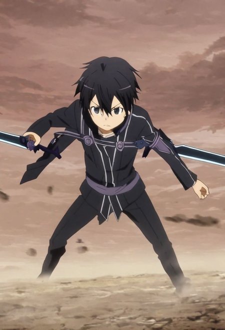high resolution, solo, best quality, 1Boy, Kazuto Kirigaya, Black Hair, Black Eyes, Dual Sword, Battle, OverallDetail