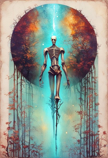 score_9, score_8_up, score_7_up, rating_questionable,score_9, score_8_up, score_7_up, BREAK 
A brave knight, dressed in teal scale armor, confronts a floating, skeletal abomination. The knight’s sword, glowing with an ethereal blue light, contrasts sharply with the desolate, dead landscape around them. The skeletal creature, with three human skulls and a ribcage suspended in mid-air, exudes an aura of death and decay. The background is filled with dark, swirling mists and barren, twisted trees, adding to the foreboding atmosphere. The scene is painted with the rich, textured detail of Michael Whelan’s fantasy illustrations, capturing a moment of high tension and danger.
, the scene is captured in dimly lit dark fantasy but vibrant colors, with bold ink lines defining form against the watercolor wash of the aged paper
(Art Noveau), ArsMJStyle,  <lora:ArsMJStylePony_-_Art_Nouveau-000009:1.5>