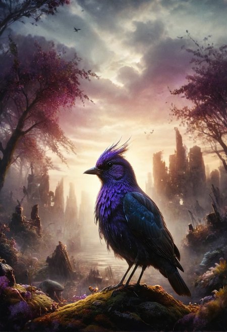 ral-apoctvisn, dark, chiaroscuro, low-key, breathtaking masterpiece showcasing a gorgeous little bird, Violet-crowned nymph,  bathed in soft, golden morning light, surrounded by vibrant bokeh balls that frame its delicate form. The image will be rendered in sharp detail, capturing every feather and intricate feature of the bird with stunning clarity. The soft, diffused lighting will enhance the warmth and radiance of its plumage, while high-quality bokeh adds a magical touch to the scene. Multiple image exposures will be expertly combined to emphasize the bird's vibrant colors and captivating gaze, resulting in a lifelike portrayal of tranquil beauty.
The artwork will feature shimmering digital colors in a mixed media style on textured paper, creating an overlapping, asymmetrical, abstract composition bursting with vibrant hues. Every inch of the image will be filled with intricate details, from the feathers of the nymph to the surrounding environment, all depicted in extreme detail. The wide range of colors will add depth and richness to the scene, with soft shadows and low saturation tones creating a serene yet evocative atmosphere.
With insane quality, resolution, and details, the final image will be a true masterpiece of nature photography, showcasing dramatic, dynamic, and cinematic elements. The sharp details will bring the scene to life, immersing viewers in the beauty and wonder of the Violet-crowned nymph in a way that is both breathtaking and captivating.