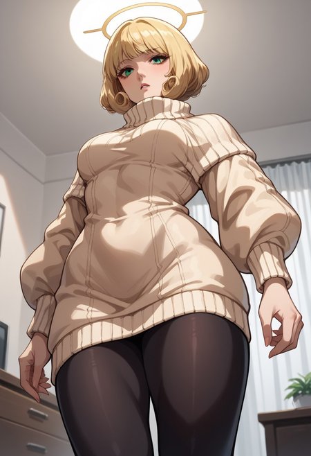 score_9_up, score_8_up, score_7_up, score_6_up, score_5_up, score_4, source_anime, 1girl, halo, blonde hair, short hair, bangs, curly hair, green eyes, beige sweater, black pantyhose,
solo, cinematic lighting, dynamic angle, unique angle, skin tight, looking at viewer, bedroom, medium breasts, big butt, hips, thighs, below view,