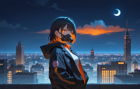 score_9, score_8_up, score_7_up, (masterpiece:1.2),(best quality:1.2),
(bloom:1.1), cinematic light, volumetric light, volumetric fog,
(black collar:1.1), short hair, flat bangs, side lock,
(night:1.2), (looking at viewer:1.3), dawn, small moon, sunrise, cloud, outdoor,
standing, center of the screen, 
on roof, (city scape:1.2), cloud, wind blown, 
1 girl, solo, 
multicolored hair, black hair, orange inner hair, (orange pupils:1.2), large breast,
black jacket, hand on pocket, short jeans, oversized jacket, hoodie jacket, open jacket, white shirt, black stocking, navel,
from side, DOF, upper body, wideshot,
glowing eyes,
<lora:ç¼çå:1> 
<lora:shaded_face2_pruned_0:0.8> shaded face,
<lora:eye4:0.9> 
<lora:Ghost_Mask_V2_Gold_Edition:1> mouth mask, gas mask