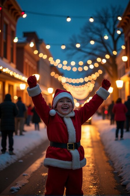 Cinematic style,  <lora:Sinfully_Stylish_.02_for_FLUX:1> A small-town Christmas parade, colorful lights, festive decorations, a happy crowd cheeringâââ