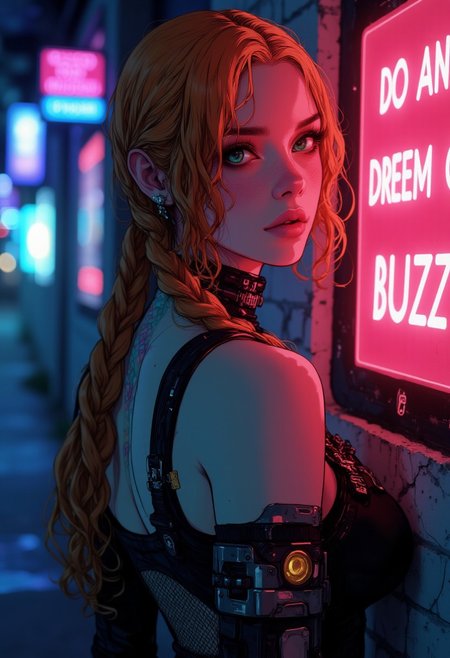 neon sign "DO ANDROIDS DREAM OF BUZZ?",
a dramatic extreme close-up of a woman's eyes, intense, looking back over her shoulder, emotional atmosphere, in the style of cksc, beautiful surprised woman, looking at viewer, (alert), (((pale skin))), orange hair, freckles, long braided hair, big green eyes, glowing green eyes, blacklight, (((skin-tight jumpsuit))), ((cybernetics)), ((fishnet clothing)), limited palette, colorful bokeh, blurred background