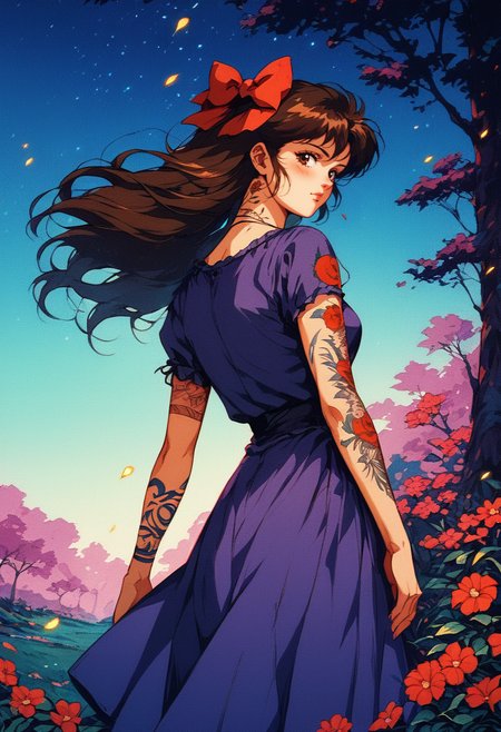 (score_9, score_8_up), score_7_up, 1girl, long hair, looking at viewer, bangs, long hair, brown hair, floating hair, hair bow, ribbon, brown eyes, standing, purple  dress, flower, flowy dress, short sleeve, hair bow, cowboy shot, outdoors, sky, looking back, from behind, red bow, tree, tattoo, night, night time, embers, light partials, animal, grass, plant, red flower, nature, forest, dog,  arm tattoo, retro
 <lora:nostalgia-000011:0.9>