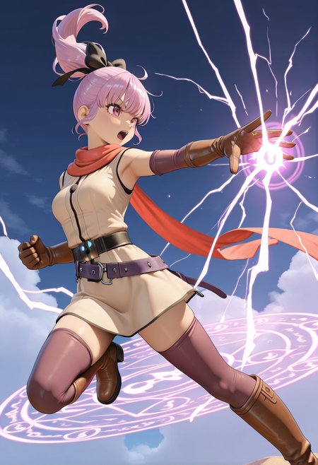 masterpiece, best quality, very aesthetic, absurdres, 1girl, solo,
<lora:dqh2_teresa_v01:0.8>, dqh2_teresa, teresa_normal, pink hair, ponytail, pink eyes,
hair bow, scarf, short dress, gloves, leather gloves, belt, thighhighs, knee boots, dynamic pose, casting spell, lightning effect, open mouth, magic circle